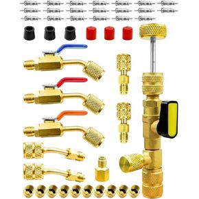 HVAC Valve Core Removal Tool & Refrigerant Angled Ball Valve Kit Fit for HVAC R410A R134A R12 R22, Compatible with Mini Split System 1/4 inch Male to 5/16 Female Flare