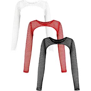 Verdusa Women's 3 Piece Hollow Out Fishnet Mesh Crop Top Long Sleeve Beach Cover Up