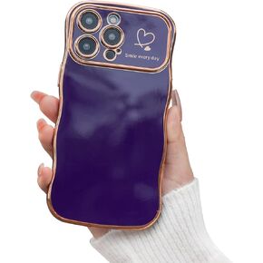 Fashion Case Compatible with iPhone 13 Pro Max Case, Cute Curly Wave Frame Shape with Heart Pattern, Purple Cover with Golden Plating frame TPU Full Protection Shockproof Cases for Girls Women