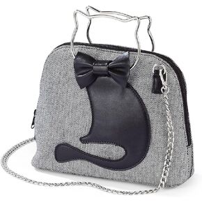 Chic Cat Bag for Women, Herringbone Tweed Purse with Kitty Applique, Cat Head Handles, Crossbody Shoulder Handbag