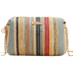 YYW Colorful Straw Bag Women Woven Beach Bags Rainbow Pattern Shoulder Bag Spring Summer Purse