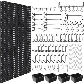 90 Pcs Pegboard Kit Include 6 Pcs 12 x 12 Inches Metal Peg Board 80 Various Shapes Hooks Peg Locks 4 Pegboard Bins for Craft Room Garage Workshop Kitchen Tools Organizer(Black)