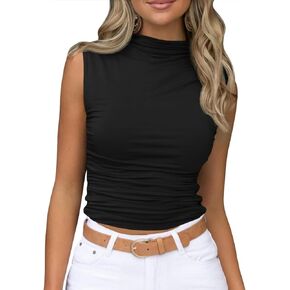 Tankaneo Womens Sleeveless Mock Turtleneck Tank Tops Slim Fitted Ruched Crop Top Shirts