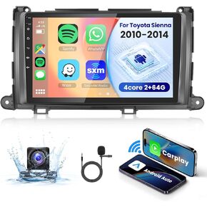 【2G+64G】 for Toyota Sienna 2010 2011 2012 2013 2014 Android Car Radio Stereo, Wireless Carplay Android Auto 9"Touch Screen Bluetooth Car Audio Receiver GPS WiFi Backup Camera FM/RDS HiFi SWC
