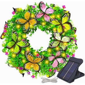 اكاليل الصيف للباب الأمامي مع أضواء الشمسية، 18in اكاليل الزهور الربيع أضواء مع الزهور الاصطناعية والفراشات، مثالية لنافذة الحائط المنزل في الهواء الطلق الزفاف الذكرى السنوية ديكور مهرجان الصيف in Kuwait