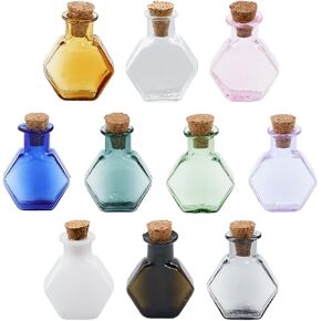 CHGCRAFT 10Colors Hexagon Mini Glass Bottles Dollhouse Miniature Glass Cork Bottles Glass Empty Wishing Bottles for Doll House Decoration, Mixed Color