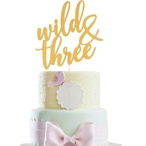 Wild Three Birthday Cake Topper - Gold Glitter Happy 3rd Birthday Cake Decoration, Boys Girls Third Birthday Anniversary Party Decoration Supplies