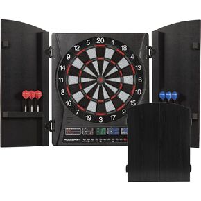 Accudart Apollo Electronic Dartboard Cabinet - 38 Game Modes - 137 Game Variations - Advanced Features - Colorful Backlit Scoring - Cricket X/O Scoring - Integrated Black Woodgrain Doors