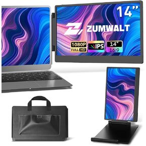 ZUMWALT Portable Laptop Screen Monitor Extender - 14" 1080P FHD Portable Monitor with Adjustable Stand for 13''-16.1'' Laptop, Plug and Play, Compatible with Wins/MacOS/Chrome/Android/PS5/Switch