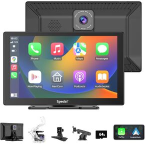 Spedal CL811 Car Play Screen with 2K Dash Cam, 9" Wireless Apple Carplay Android Auto Portable Car Stereo, GPS Navigation, Car Audio Receivers with 1080P Backup Camera, Bluetooth,Mirror Link, AUX/FM