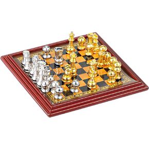 Skylety 1:12 Dollhouse Miniature International Chess Set Mini Chess with Chess Board Miniature Board Games Model Gold and Silver Mini Chess Dollhouse Furniture Accessories for Dollhouse Decor