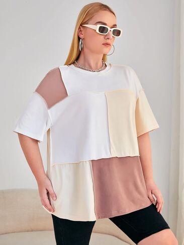 SOLY HUX Women's Plus Size Oversized T Shirts Color Block Tops Drop Shoulder Short Sleeve Tees Casual Summer Shirt in Saudi Arabia