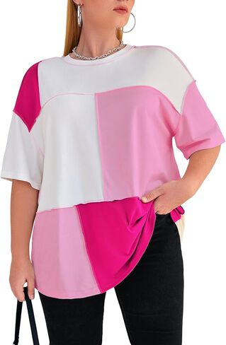 SOLY HUX Women's Plus Size Oversized T Shirts Color Block Tops Drop Shoulder Short Sleeve Tees Casual Summer Shirt in Saudi Arabia