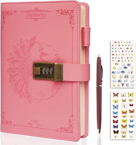 Diary With Lock for Women & Adults, A5 Refillable Leather Locked Journal for Girl & Boy 250 pages, Password Lockable diaries with Pen & Stickers, and Gift Box (Brown) in Saudi Arabia