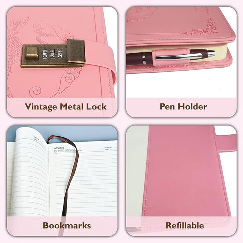 Diary With Lock for Women & Adults, A5 Refillable Leather Locked Journal for Girl & Boy 250 pages, Password Lockable diaries with Pen & Stickers, and Gift Box (Brown) in Saudi Arabia