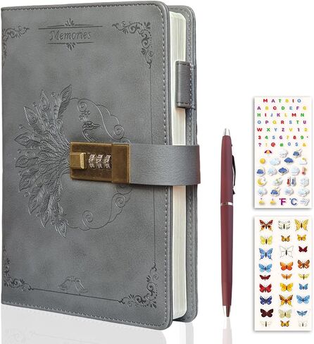 Diary With Lock for Women & Adults, A5 Refillable Leather Locked Journal for Girl & Boy 250 pages, Password Lockable diaries with Pen & Stickers, and Gift Box (Brown) in Saudi Arabia