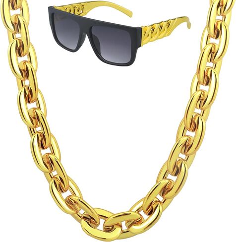 40inch/101cm Big Chunky Fake Gold Chain with Twist Leg Punk Sunglasses, Hip Hop Rapper Costume Plastic Jewelry Necklace, 2Pack 80s 90s Party Costume Accessory for Men Women in Kuwait
