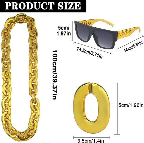 40inch/101cm Big Chunky Fake Gold Chain with Twist Leg Punk Sunglasses, Hip Hop Rapper Costume Plastic Jewelry Necklace, 2Pack 80s 90s Party Costume Accessory for Men Women in Kuwait