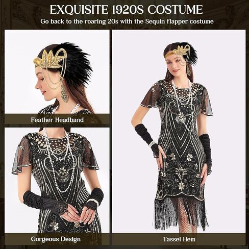 1920s Dresses for Women, Flapper Dress Feather Headband Sequins Beads Fringes Cocktail Roaring Accessories Vintage Costume in Saudi Arabia