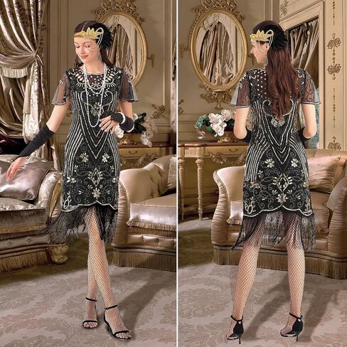 1920s Dresses for Women, Flapper Dress Feather Headband Sequins Beads Fringes Cocktail Roaring Accessories Vintage Costume in Saudi Arabia