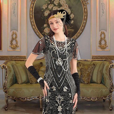1920s Dresses for Women, Flapper Dress Feather Headband Sequins Beads Fringes Cocktail Roaring Accessories Vintage Costume in Saudi Arabia