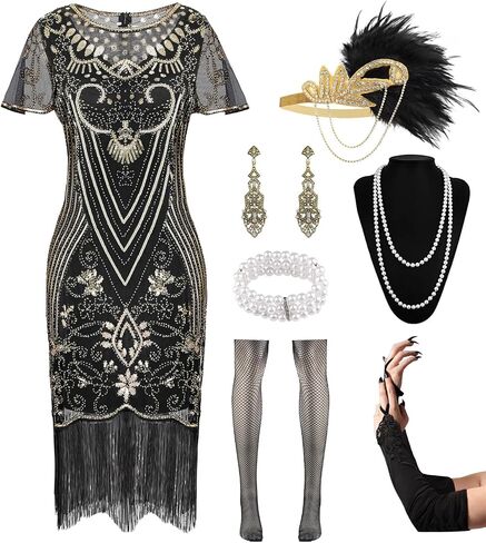 1920s Dresses for Women, Flapper Dress Feather Headband Sequins Beads Fringes Cocktail Roaring Accessories Vintage Costume in Saudi Arabia