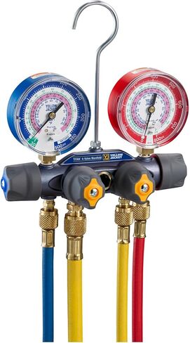 Yellow Jacket 49975 4-Valve Titan Test/Charging Manifold, (psi °F) R32/454B/410A, 3-1/8" Gauges (60" Plus II R/Y/B Hoses/Vacuum Charging Hose) in Saudi Arabia