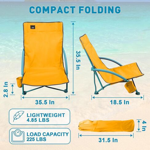 2 Pack Low Folding Beach Chair,Portable Lightweight Lowback Sling Chair, Outdoor Low Seat Camping Chair w/Cup Holder & Carry Bag for Sand Camping Lawn Picnic Festival,Blue in Kuwait