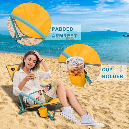 2 Pack Low Folding Beach Chair,Portable Lightweight Lowback Sling Chair, Outdoor Low Seat Camping Chair w/Cup Holder & Carry Bag for Sand Camping Lawn Picnic Festival,Blue in Kuwait