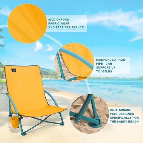 2 Pack Low Folding Beach Chair,Portable Lightweight Lowback Sling Chair, Outdoor Low Seat Camping Chair w/Cup Holder & Carry Bag for Sand Camping Lawn Picnic Festival,Blue in Kuwait