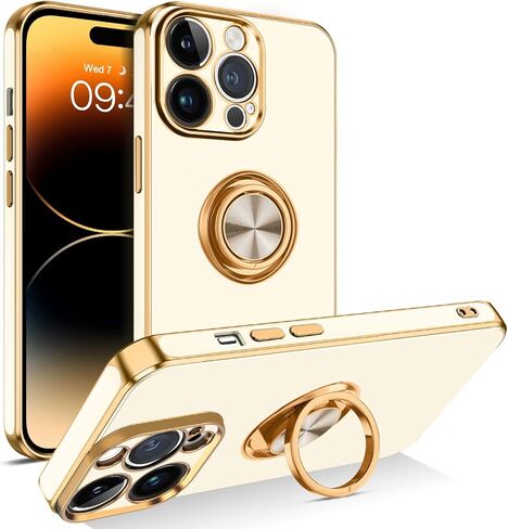 حافظة BENTOBEN iPhone 14 Pro Max، حافظة رفيعة وخفيفة الوزن 360 درجة حامل حلقي يدعم حامل السيارة مضاد للصدمات للنساء والرجال حافظة واقية مضادة للانزلاق لهاتف iPhone 14 Pro Max 6.7 بوصة، أسود/ذهبي in Kuwait