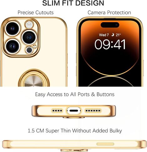 حافظة BENTOBEN iPhone 14 Pro Max، حافظة رفيعة وخفيفة الوزن 360 درجة حامل حلقي يدعم حامل السيارة مضاد للصدمات للنساء والرجال حافظة واقية مضادة للانزلاق لهاتف iPhone 14 Pro Max 6.7 بوصة، أسود/ذهبي in Kuwait