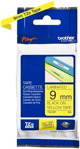 شريط مصفح Brother أصلي P-Touch 2-Pack TZe-621، طباعة سوداء على شريط مصفح لاصق قياسي أصفر لصانعي ملصقات P-Touch، كل لفة بعرض 0.35 بوصة/9 مم (3/8 بوصة)، وطول 26.2 (8 متر) in Saudi Arabia