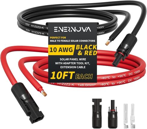 كابل شمسي 10 أقدام 10AWG مع موصل أنثى وذكر مع زوج مجاني إضافي من الموصلات، كابل تمديد لوحة شمسية سلك 10 AWG (10 قدم أحمر + 10 قدم أسود) in Kuwait
