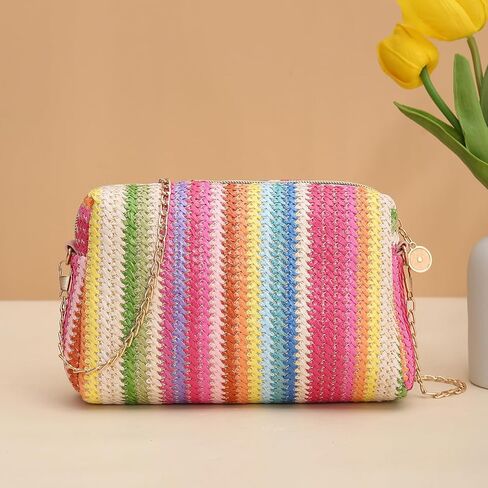 YYW Colorful Straw Bag Women Woven Beach Bags Rainbow Pattern Shoulder Bag Spring Summer Purse in Saudi Arabia