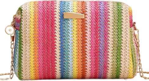 YYW Colorful Straw Bag Women Woven Beach Bags Rainbow Pattern Shoulder Bag Spring Summer Purse in Saudi Arabia