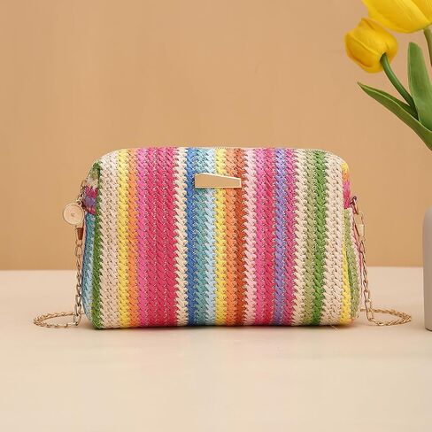 YYW Colorful Straw Bag Women Woven Beach Bags Rainbow Pattern Shoulder Bag Spring Summer Purse in Saudi Arabia