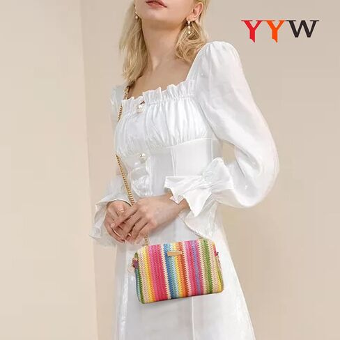 YYW Colorful Straw Bag Women Woven Beach Bags Rainbow Pattern Shoulder Bag Spring Summer Purse in Saudi Arabia