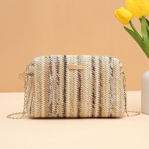 YYW Colorful Straw Bag Women Woven Beach Bags Rainbow Pattern Shoulder Bag Spring Summer Purse in Saudi Arabia