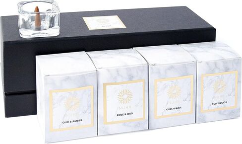 مجموعة هدايا مبخرة ومخاريط البخور من NUHR Home / 40 مخروطًا معطرًا بالعود / 4 عطور كاملة مع بطاقة هدية وموقد زجاجي / بديل البخور / رائحة تدوم طويلاً in Kuwait