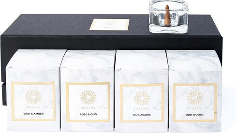 مجموعة هدايا مبخرة ومخاريط البخور من NUHR Home / 40 مخروطًا معطرًا بالعود / 4 عطور كاملة مع بطاقة هدية وموقد زجاجي / بديل البخور / رائحة تدوم طويلاً in Kuwait