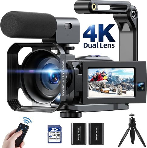 Video Camera Camcorder, 4K 56MP Dual Lens WiFi 3'' 270° Rotatable 16X Digital Zoom Touch Screen Vlogging Camera YouTube Podcast Camera Recorder with 64GB SD Card, Microphone, Remote Control, Tripod in Saudi Arabia