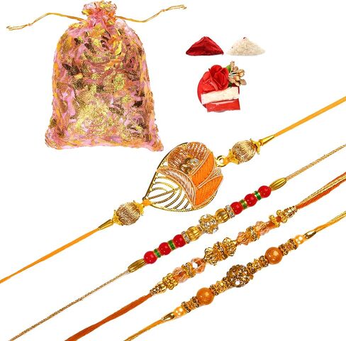 Set of 4 Rakhi for Brother Bhabhi and Bhatija Bhai Bhaiya Raksha Bandhan gift Rakhi Thread Rakhi with Roli Chawal and Greeting card gift pack in pouch/Potli bag in Saudi Arabia