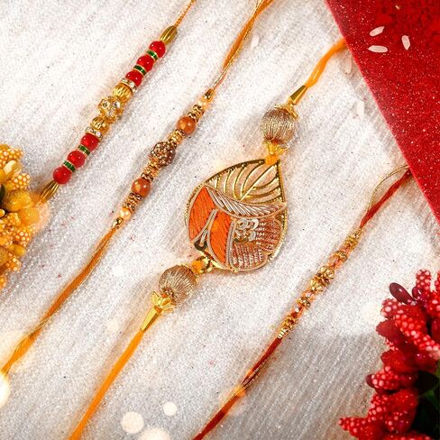 Set of 4 Rakhi for Brother Bhabhi and Bhatija Bhai Bhaiya Raksha Bandhan gift Rakhi Thread Rakhi with Roli Chawal and Greeting card gift pack in pouch/Potli bag in Saudi Arabia