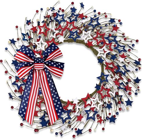 4th of July Independence Day Red White Blue Berry Wreath with Bow, ZOXILEN 20 inch American Flag Stars Wreath Patriotic Decoration Wreath, Memorial Day Flag Day Veterans Day Berry Wreath Hanging Decor in Saudi Arabia