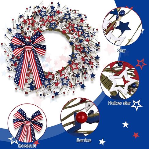 4th of July Independence Day Red White Blue Berry Wreath with Bow, ZOXILEN 20 inch American Flag Stars Wreath Patriotic Decoration Wreath, Memorial Day Flag Day Veterans Day Berry Wreath Hanging Decor in Saudi Arabia