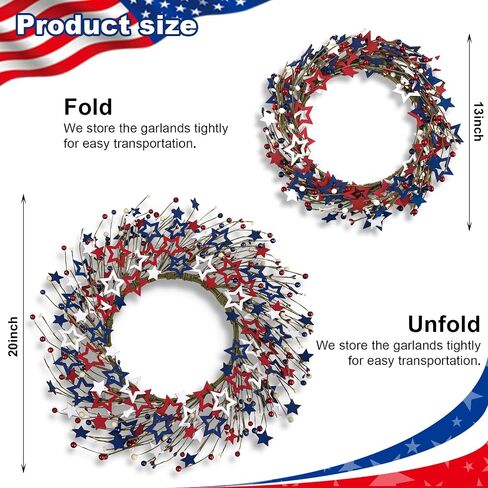 4th of July Independence Day Red White Blue Berry Wreath with Bow, ZOXILEN 20 inch American Flag Stars Wreath Patriotic Decoration Wreath, Memorial Day Flag Day Veterans Day Berry Wreath Hanging Decor in Saudi Arabia