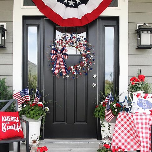 4th of July Independence Day Red White Blue Berry Wreath with Bow, ZOXILEN 20 inch American Flag Stars Wreath Patriotic Decoration Wreath, Memorial Day Flag Day Veterans Day Berry Wreath Hanging Decor in Saudi Arabia