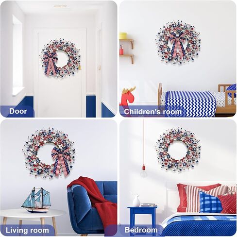 4th of July Independence Day Red White Blue Berry Wreath with Bow, ZOXILEN 20 inch American Flag Stars Wreath Patriotic Decoration Wreath, Memorial Day Flag Day Veterans Day Berry Wreath Hanging Decor in Saudi Arabia