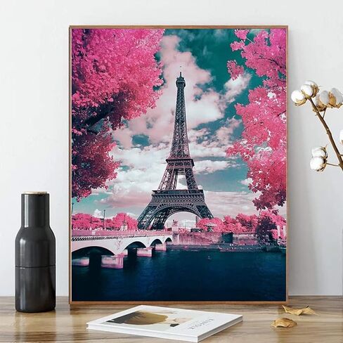 مجموعات الطلاء بالأرقام من Karyees Pink Paris طلاء على شكل قلعة DIY بالأرقام Pink Paris DIY قماش اللوحة بواسطة أرقام مجموعات الطلاء الأكريليك ديكور الحائط المنزلي الطلاء حسب الأرقام للبالغين والأطفال الوردي Paris16x20In in Kuwait